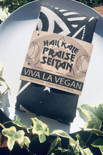 Hail Kale - Praise Seitan Vegan Tea towel packed. By eco ethical brand Viva La Vegan