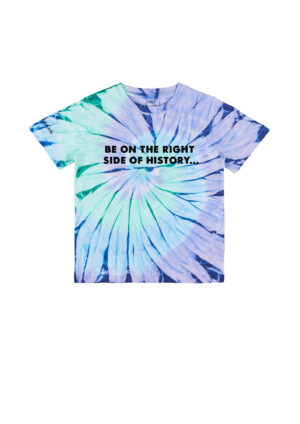 Blue green tie-dye children's tshirt with chest slogan Be on The Right Side Of History. By Eco ethical brand Viva La Vegan.