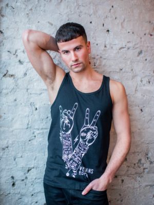 Male Model wearing unisex style Vegans Rock statement organic cotton vest