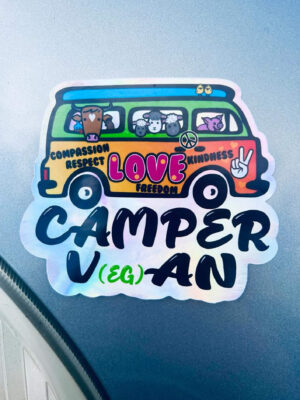 Vegan Camper Van holographic vinyl sticker. By Eco ethical brand Viva La Vegan