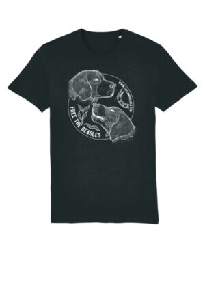 Camp beagle fundraising tshirt with line drawing of 2 beagle heads and a breaking chain. Black tshirt with a white print. by Viva La Vegan