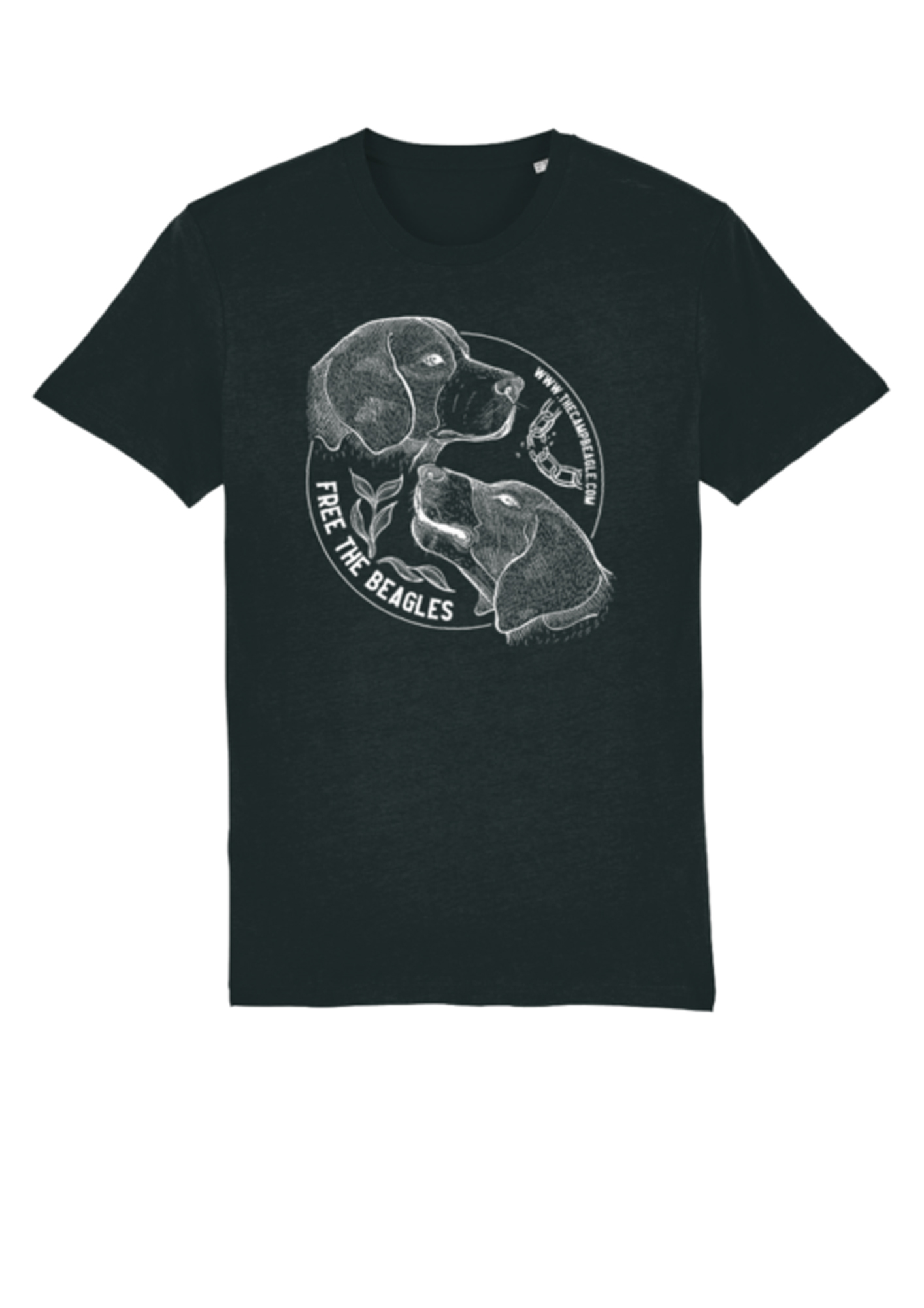 Camp beagle fundraising tshirt with line drawing of 2 beagle heads and a breaking chain. Black tshirt with a white print. by Viva La Vegan