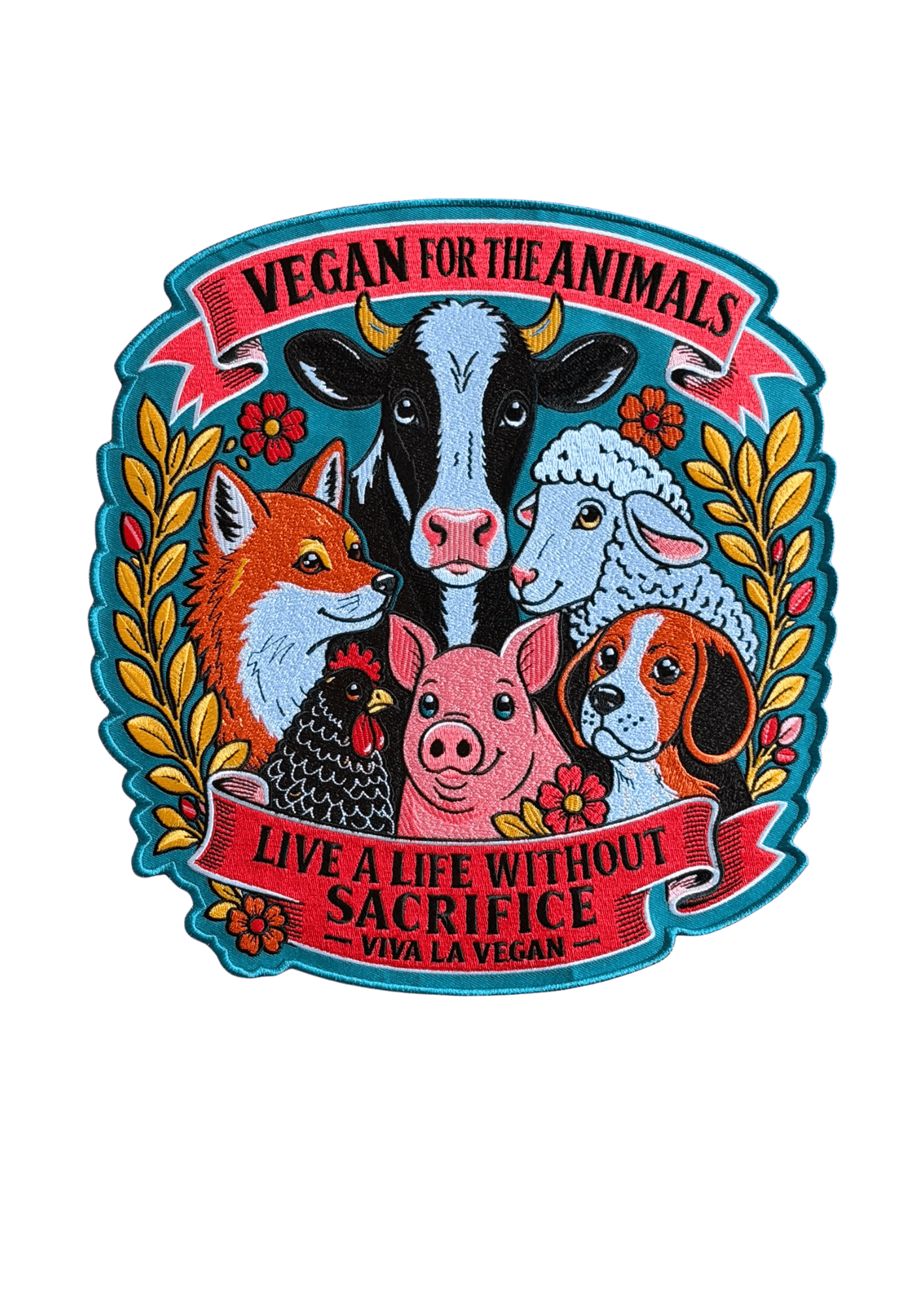 XL embroidered vegan patch featuring colourful stitched animals — cow, sheep, fox, chicken, pig, and dog — with floral details and the phrases “Vegan for the Animals,” “Live a Life Without Sacrifice,” and “Viva La Vegan.